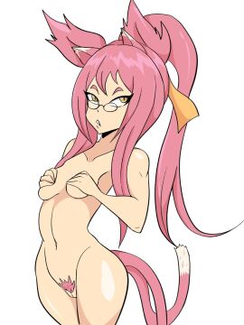 1girls 2_tails arc_system_works blazblue breasts cat_ears cat_girl cat_tail catgirl dipstick_tail either_flame_(artist) female glasses hair_ribbon kemonomimi kokonoe kokonoe_mercury looking_at_viewer monster_girl multi_tail nekomata nude petite pink_fur pink_hair pubic_hair slit_pupils small_breasts white_fur yellow_eyes