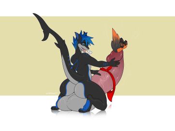 anthro balls big_balls big_penis blue_hair canid canine canis cmitchell cock_vore domestic_dog duo fish genitals grey_balls hair hi_res hyper long_tail male male/male mammal marine penile penis shark stripes tail vore wolf