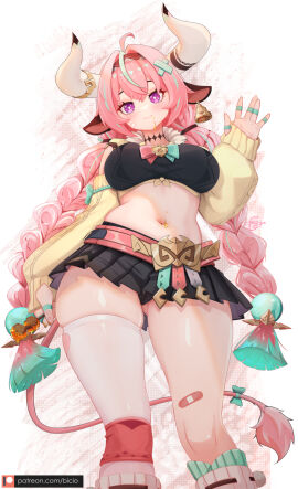 1girls ahoge animal_ears aqua_bow aqua_hair aqua_hairband artist_name bandaid bandaid_on_cheek bandaid_on_face bandaid_on_leg bandeau bell bell_earrings belt bicio black_bandeau black_hairband black_panties black_skirt blush bow braid breasts closed_mouth comic commentary cow_ears cow_girl cow_horns cow_tail cowbell crumbs detached_sleeves earrings english_commentary female fingernails food food_on_body genshin_impact hair_intakes hair_ornament hairband highres holding holding_food holding_skewer horns jewelry large_breasts long_hair long_sleeves looking_at_viewer midriff multicolored_hair multicolored_hairband navel panties panty_peek patreon_username pink_bandaid pink_belt pink_bow pink_hair purple_eyes ribbed_sleeves signature single_earring single_thighhigh skewer skirt smile solo stomach tail tail_bow tail_ornament thighhighs thighs twin_braids twintails two-tone_hair underwear varesa_(genshin_impact) white_background white_horns white_thighhighs x_hair_ornament yellow_sleeves