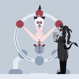 2girls anal animated bouncing_belly bouncing_breasts breasts demon demon_girl demon_horns demon_tail dildo dildo_in_ass dildo_riding dildo_sitting drug_collar elfinmask enema enema_machine female femsub forced_anal gif helltaker helpless light-skinned_female light_skin loremaster_(helltaker) multiple_females multiple_girls pandemonica_(helltaker) pixel_art restrained sex_machine sex_toy simple_background sphere_bondage stationary_restraints tears