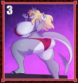 anthro ass big_ass big_breasts big_butt bikini blonde_hair breasts claws clothing countershading evil_grin female fish footwear hi_res huge_ass huge_breasts huge_butt huge_thighs looking_back marine rear_view sandals shark shark_tail sharp_teeth shoes side_boob smile solo step_pose swimwear teeth tera_(thorstone) thick_thighs thorstone two-piece_swimsuit wide_hips