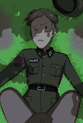 black_eyes brown_hair colonel_von_krieger defeated dot_eyes grass grey_hair injury military military_uniform nazi straddling the_long_long_holiday wehrmacht