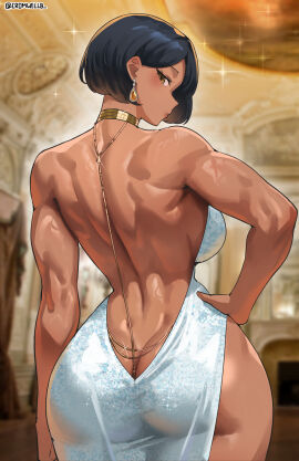 1girls 2025 ass ass_cleavage ass_crack athletic athletic_female back_ridge back_view backless_clothing backless_dress backless_outfit ballroom bare_arms bare_shoulders big_ass big_breasts black_hair blush bob_cut bottom_cleavage breasts butt_crack ceiling choker cowboy_shot cromwellb curvy dark-skinned_female dark_skin dimples_of_venus dress ear_piercing earrings evening_gown female female_only fit_female gold_collar gold_jewelry hand_on_hip hazel_eyes hips hourglass_figure human human_only indoors jewelry large_breasts light_blush lipstick looking_at_viewer looking_back looking_back_at_viewer low_back_dress mature_female muscular muscular_back muscular_female necklace no_bra no_panties no_underwear original original_character rear_view revealing_clothes revealing_clothing revealing_dress revealing_outfit short_dress short_hair side_slit side_slit_clothing side_slit_dress silver_dress slim_waist small_waist solo solo_female spine_ridge standing strapless_dress thick_thighs thigh_slit toned toned_female twisted_neck wide_hips