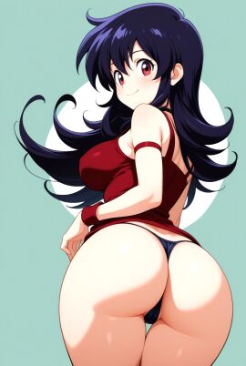 ai_generated armband ass ass_focus back_view black_thong breasts choker cowboy_shot duel_masters female female_focus female_only purple_hair red_dress skirt_lift skirt_up smile smile_at_viewer tasogare_mimi thong wristband