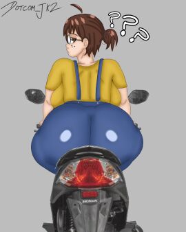1girls ??? ass_focus big_ass brown_eyes brown_hair dotcomjk2_(artist) female_only glasses looking_back motorcycle nerd nerdy_female original_character overalls ponytail sitting