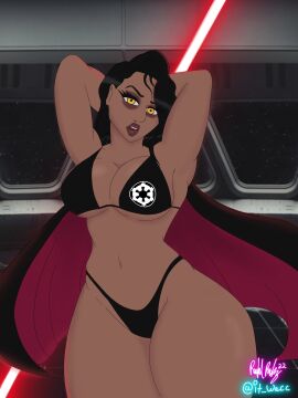 1girls 2022 alternate_version_available arms_behind_head arms_up artist_name bikini black_hair breasts cape dark-skinned_female dark_skin double_bladed_lightsaber dual-bladed_lightsaber female female_focus female_only galactic_empire_insignia hands_behind_head human inquisitor_(star_wars) jedi:_fallen_order lightsaber looking_at_viewer navel padre_racc red_lightsaber second_sister solo solo_female standing star_wars trilla_suduri yellow_eyes
