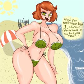 animated april_o'neil beach bikini breasts female green_bikini large_breasts pillow_shading projectile_vomit tagme teenage_mutant_ninja_turtles vomit vomiting vomitklok