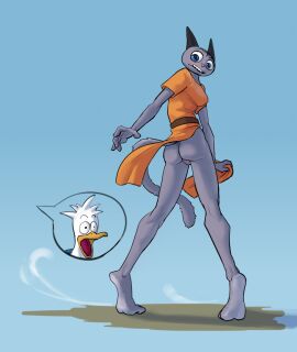 anatid anseriform anthro ass avian barefoot bird blush bottomless clothed clothing comical dress duck dungeon_(comic) duo feet felid feline female genitals herbert_vaucanson_(dungeon) hi_res humor humor_porn isis_of_cephalonia_(dungeon) joeyjazz kochak male male/female mammal public public_nudity pussy soles surprised_expression toes