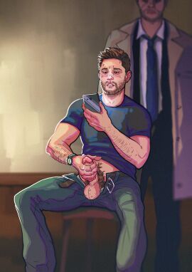 2boys actor angel arm_hair balls ballsack bara beard beard_stubble beating_off belt biceps biting_lip biting_own_lip castiel castiel_(supernatural) celebrity chair dean_winchester duo erect_penis erection eyes_out_of_frame friskypigeon from_behind horny horny_male human in_character jacking_off jensen_ackles jerking jerking_off jerkingoff looking_at_partner looking_at_phone looking_pleasured male male_only manspreading masturbation misha_collins muscles muscular muscular_male open_belt open_pants pants penis penis_grab phone precum precum_drip pubic_hair shirt sitting sitting_on_chair spread_legs standing stubble supernatural_(series) sweat sweatdrop sweating t-shirt tie trenchcoat watch watching_masturbation watching_phone watching_porn white_shirt yaoi