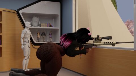 big_ass blanketbunni call_of_duty fishnets heel_boots horns jiggle pink_hair shortstack sniper_rifle sound sweater tagme thick_thighs video