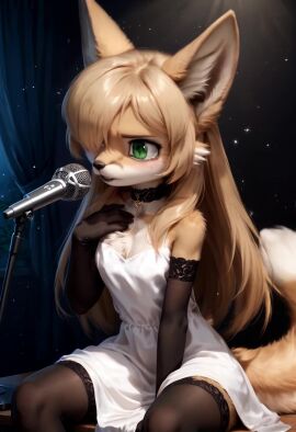 1girls ai_generated animated anthro averi_(fiddleafox) blonde_hair blue_eyes blue_eyeshadow dress fox_girl opera_gloves singing tagme video