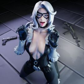 3d areola_slip black_cat_(fortnite) black_cat_(marvel) breasts breasts_out choker claw_pose clothed clothed_female clothing felicia_hardy female female_only fortnite fortnite:_battle_royale fully_clothed fully_clothed_female kfc_(artist) looking_at_viewer marvel marvel_comics mask masked masked_female open_clothes open_clothing open_mouth shiny shiny_skin solo solo_female spider-man_(series) tongue tongue_out