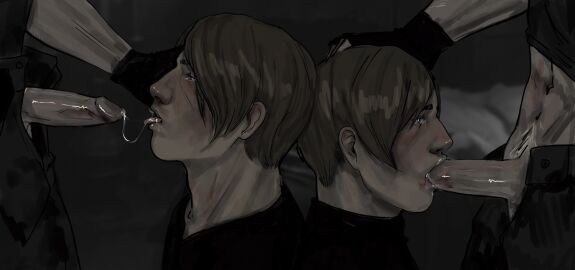 2boys age_difference blonde_hair blush clothing cum_in_mouth domination forced_oral gay gay_domination hair_on_penis jack_krauser leon_scott_kennedy long-haired_male long_hair male male_only male_rape_victim metaltango military military_clothing multiple_boys multiple_males oral penis resident_evil resident_evil_4 resident_evil_4_remake rough_sex sketch tears yaoi