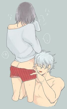 2boys aged_up ass ass_crack black_hair butt_crack gay gintama gintama:_be_forever_yorozuya gintoki_sakata licking_lips male male_only memememe nervous rear_view shimura_shinpachi sleeves_past_wrists sweat sweater tongue tongue_out twink underwear undressing undressing_another white_hair yaoi