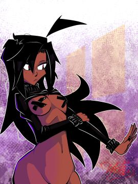 1girls black_hair blackwidow_apocalypse bottomless breasts capslockcrush curvaceous curvy curvy_body curvy_female curvy_figure dark-skinned_female dark_skin female female_only functionally_nude functionally_nude_female hourglass_figure ingrid_gottoli long_hair midriff official_art official_artist pasties red_eyes sweater webcomic webtoon x_pasties