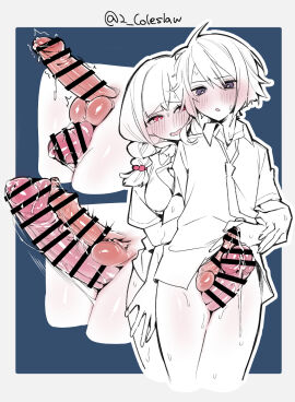 1boy balls blush bottomless censored collared_shirt erection female futa_on_male futa_with_male futanari highres huge_cock intersex long_hair looking_at_another male mirin_chikuwa open_mouth original penis penis_and_balls_touching penis_size_difference penises_touching precum red_eyes shirt smile testicles thigh_sex