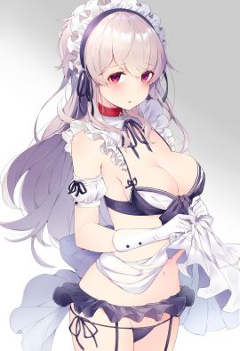 apron apron_lift bare_belly bare_shoulders belly_button big_breasts black_bra black_panties black_skirt blush bra breasts choker cleavage female female_only frills front-tie_bra fully_clothed garter_belt garter_straps gloves lifting_own_clothes lingerie long_hair maid_headdress maid_lingerie maid_outfit microskirt open_mouth original original_character panties purple_hair red_eyes revealing_clothes ringozaka_mariko side-tie_panties sideboob skimpy_clothes string_panties thighs white_gloves