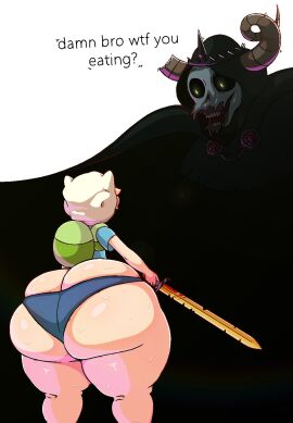 2boys adventure_time ass ass_cleavage ass_crack backpack bag big_ass big_butt blonde_hair bottom_heavy butt_crack cartoon_network clothing discord_link fat_ass fat_butt femboy femboy_focus finn_the_human horns huge_ass huge_butt human male male_only pale_skin senor9 skull sweat sweating sweaty_ass sweaty_butt sword text the_lich thick_ass thick_butt underwear warner_brothers weapon