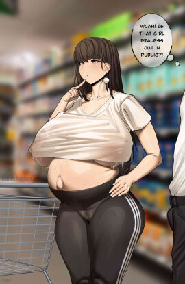 1girls breasts dialogue female female_only gigantic_breasts huge_breasts lactation lactation_through_clothes lactation_without_expressing pregnant public_nudity ready_to_pop slush text voluptuous