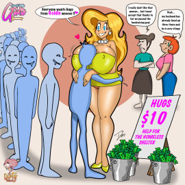 3girls 6+boys ass ass_grab big_ass big_breasts blonde_hair blue_eyes breasts bucket dialogue dirtymind ear_piercing earrings english_text face_in_breasts female goldie_summer good_wife_goldie_summer grabbing grabbing_another's_ass grabbing_ass hug huge_ass huge_breasts long_hair male male/female money original piercing speech_bubble