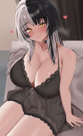 alternate_costume black_choker black_hair black_nails black_negligee black_panties blunt_bangs blush breasts choker cleavage closed_mouth collarbone female fingernails grey_hair hashtag-only_commentary heart highres hololive hololive_english indoors large_breasts lips looking_at_viewer medium_hair multicolored_hair nail_polish on_bed panties see-through_clothes shiori_novella sitting sleepwear solo split-color_hair sweat underwear virtual_youtuber yellow_eyes yobi_(ybpac18)