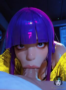 1boy 1girls ai_generated ai_video alberist asian asian_female bare_shoulders bed bedroom black_bra blowjob_face blunt_bangs cum cum_in_mouth cum_on_penis deepthroat deepthroat_no_hands eyelashes fellatio from_below glitch_techs lacy_bra long_hair makeup miko_kubota night oral purple_hair shiny_skin tagme thick_lips vacuum_fellatio video yellow_shirt