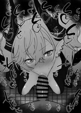 1boy 1girls :>= big_penis black_and_white blush breasts censored dark-skinned_male dark_skin demon demon_girl detailed_background drooling eyelashes fate/grand_order fate_(series) fellatio female heart horn humanoid indoor inside interracial kurotama lilith_(fate) long_hair looking_at_viewer male male_pov oral oral_sex penis pointy_ears room saliva shiny shiny_skin sketch sound_effects squatting sweat text type-moon vein veins veiny veiny_penis