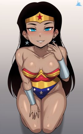 1girls aged_down areola ass big_ass big_thighs black_hair blue_eyes blush breasts clothed clothing dc dc_comics female female_focus female_only jmg long_hair looking_at_viewer medium_breasts nipples solo solo_female solo_focus sweat sweatdrop sweating tagme thick_hips thick_thighs thighs wonder_woman wonder_woman_(series) young_female