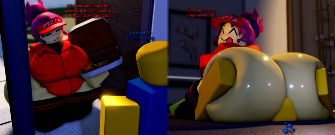 1boy 1girls 3d ass belly chubby chubby_female english_text facesitting fat female female_focus grabbing_ass grabbing_from_behind heart hips large_ass male mermio noob pink_hair pizza pizza_delivery pizza_girl ponytail roblox stockings stockings_thigh_highs stomach text thick_thighs thighs tongue tongue_out visor_cap wide_hips