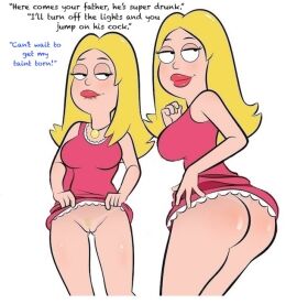 1girls american_dad ass bedroom_eyes biting_lip blonde_pubes blush carpet_matching_drapes dress female flashing flashing_ass flashing_butt flashing_pussy francine_smith hackman hayley_smith incest lip_bite long_hair milf mooning mother_and_daughter necklace no_panties pubes pubic_hair pussy shiny_skin simple_background smile solo tanline white_background