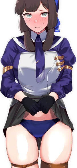 black_gloves blue_hairband blue_necktie blue_panties blue_ribbon blush breasts brown_hair cowboy_shot female flashing flashing_panties freckles gloves gluteal_fold green_eyes hair_ribbon hairband highres kantai_collection lifting_own_clothes lifting_own_skirt long_hair long_sleeves looking_at_viewer mogador_(kantai_collection) necktie panties pleated_skirt ribbon skirt solo thick_thighs thigh_strap thighs tie_clip tirasi_(so) underwear white_background