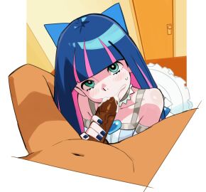 big_penis blowjob blue_hair blush cfnm clothed_female_nude_male cum cum_in_mouth cute dark-skinned_male dark_skin dress ejaculation erection fellatio female green_eyes interracial light-skinned_female light_skin looking_at_viewer male nail_polish navel oral panty_&_stocking_with_garterbelt penis penis_grab pink_hair pov stocking_anarchy thernz