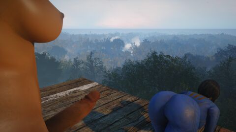 1futa 1girls 3d all_fours ass bent_over big_ass big_breasts big_penis breasts dark-skinned_futa dark_skin erection fallout fallout_4 female from_behind futa_on_female futanari imminent_sex interracial intersex light-skinned_female light_skin no_artist no_artist_signature no_source penis sole_survivor_(female) tight_clothing vault_suit