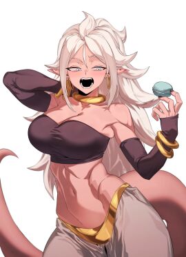 1girls android_21 android_21_(good) arabian_clothes athletic athletic_female belly_button big_breasts blue_eyes bracelet breasts collar dragon_ball dragon_ball_fighterz dragon_ball_z female harem_outfit jewelry macaron majin_android_21 navel open_mouth pink_skin pointy_ears spiked_hair spiky_hair tail teeth zquung