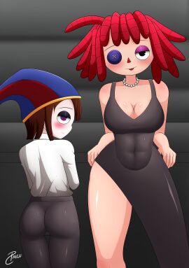 2girls ass black_dress black_pants clown clown_girl eyelashes hi_res looking_at_viewer looking_back paicu pants pomni pomni_(the_amazing_digital_circus) ragatha ragatha_(the_amazing_digital_circus) red_lipstick short_hair small_ass the_amazing_digital_circus thick_thighs white_skin