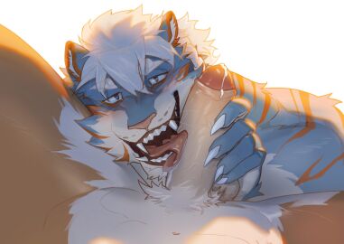 anthro blue_body blue_fur blush cum_dripping_from_penis cum_strand erection felid first_person_view foreskin fur genitals hair hi_res humanoid_genitalia humanoid_penis licking maiyabuhantang male mammal open_mouth open_smile oral pantherine partially_retracted_foreskin penile penis penis_grab penis_lick retracted_foreskin sex simple_background smile solo tiger tongue tongue_out uncircumcised white_hair