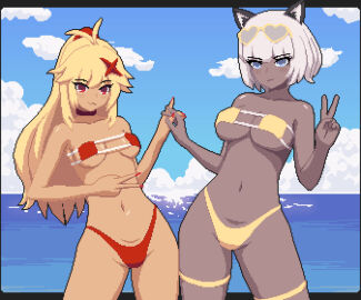 animal_ears ass big_ass big_breasts big_butt big_thighs big_titties bikini breasts brown_skin clothing curvaceous curvaceous_female curvaceous_figure curvy curvy_figure curvy_hips female female_focus female_only long_hair original original_character pixel_art seiko093 white_hair yellow_hair