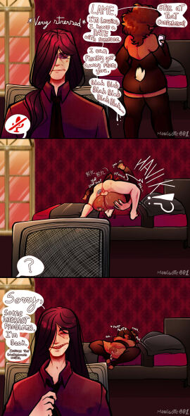 1boy 1girls alex_alice asian_male ass bed bedroom black_hair brown_hair clothed_female clothed_male clothed_sex comic conference cum cum_in_pussy cum_inside deer_tail digital_media_(artwork) dubcon dubious_consent female freakymonti humiliation juices latina long_hair male mating_press penetration pussy red_eyes sex sweat tan_body tan_skin tanned tanned_female tanned_skin text text_bubble video_call