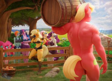 absurd_res anthro apple applejack_(mlp) balls big_macintosh_(mlp) blush bottomwear bucket clothing container embarrassed equid equine female fluttershy_(mlp) food friendship_is_magic fruit genitals grass group hasbro hi_res hooves-art horn horse male male/female mammal my_little_pony mythological_creature mythological_equine mythology nude outside penis pinkie_pie_(mlp) plant pony rainbow_dash_(mlp) rarity_(mlp) rock skirt twilight_sparkle_(mlp) unicorn unicorn_horn