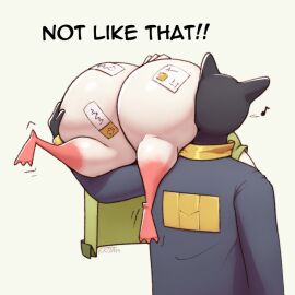 1:1 ambiguous_gender anthro ass avian big_ass big_butt bird black_body bottomless carrying_another carrying_partner clothed clothing columbid dove duo english_text exclamation_point female hand_on_ass hand_on_butt huge_ass huge_butt kkoart male musical_note musical_symbol paz_(kkoart) shoulder_carry stamp symbol text white_body