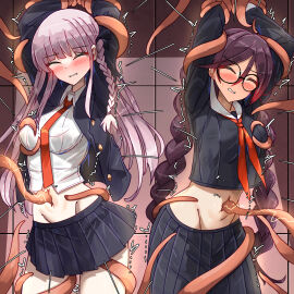 2girls arms_up bakasp-lilzy black_hair black_jacket black_ribbon black_skirt blush bound bound_arms braid collared_shirt cowboy_shot danganronpa danganronpa:_trigger_happy_havoc danganronpa_(series) female frown fukawa_toko fukawa_touko glasses grey_hair groin hair_ribbon highres jacket kirigiri_kyoko kirigiri_kyouko long_hair long_sleeves miniskirt multiple_females multiple_girls navel necktie open_clothes open_jacket orange_necktie pleated_skirt restrained ribbon round_eyewear shirt side_braid skirt tentacle tentacle_sex tickling twin_braids twintails white_shirt