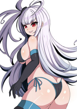 ass ass_focus big_breasts bikini black_gloves black_thighhighs breasts duel_masters duel_masters_play's female from_behind gloves large_ass large_breasts long_gloves looking_back luka_(duel_masters) smile thighhighs