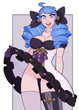 1girls big_breasts blue_hair bottomless breasts clothed clothing dress exposed_pussy exposure female female_only flashing functionally_nude functionally_nude_female giyermo gwen_(league_of_legends) heterochromia league_of_legends light-skinned_female light_skin looking_at_viewer mostly_clothed partially_clothed presenting presenting_pussy pussy skirt smile smiling_at_viewer solo solo_focus splashbrush standing thick_thighs thigh_highs thighs