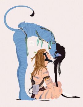 1boy 1girls alien alien/human alien_girl alien_humanoid arms_behind_back artist_request avatar barely_clothed bent_forward bent_over black_hair_female blonde_male blue_body blue_skin breathing_mask casual dreadlocks duo duo_focus face_to_face female flat_chest flat_chested grey_background human human_male indian_style interspecies itscaptainmarty kiri_(avatar) loincloth long_black_hair long_hair male na'vi nose_to_nose shorter_male/taller_female side_butt simple_background sitting sitting_indian_style skinny slim small_breasts spider_(avatar) tailed_humanoid teasing teenage_boy teenage_girl teenager tribal_tattoos wholesome