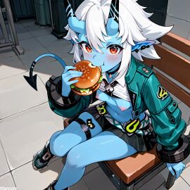 (titancore) adorable adorable_face ai_generated blue_skin breasts_out curvy_figure cute_girl demon demon_girl demon_tail eating female girl hamburger horns naked nipples office oni oni_female oni_horns red_eyes small_breasts soukaku_(zenless_zone_zero) teasing_viewer video_game_character white_hair zenless_zone_zero