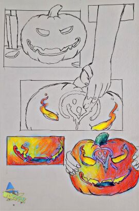 absurd_res bodily_fluids clifford_bennett comic comic_panel cum fire genital_fluids hi_res humanoid knife magic male markings pimp ring solo story traditional_media_(artwork) wispypie