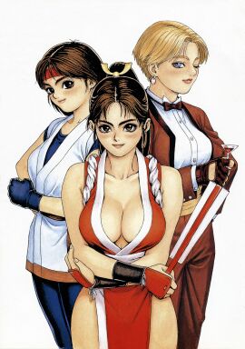 3girls art_of_fighting big_breasts blonde_hair blue_eyes blush blushing_at_viewer breasts brown_eyes brown_hair clothed cute cute_face drink earrings elegant fan fatal_fury female female_only fit fit_female fully_clothed gloves hair_ornament hand_on_hip headband huge_breasts japanese japanese_clothes karate_gi king_(snk) king_of_fighters latex light-skinned_female light_skin long_hair long_sleeves looking_at_viewer mai_shiranui one_eye_closed pale_skin pants ponytail red_clothing seductive_look shirt short_hair skirt snk spandex suit thick_thighs thighs tied_hair toned voluptuous voluptuous_female white_shirt wink winking_at_viewer yoga_pants yuri_sakazaki