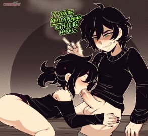 1boy 1girls andrew_graves ashley_graves bare_shoulders black_hair black_nails blush cherrypix choker cigarette closed_eyes fellatio female green_eyes heart holding_object incest male nail_polish panties partially_clothed ponytail purple_panties shirt short_hair siblings sweatdrop the_coffin_of_andy_and_leyley