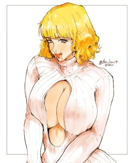 1girls blonde-haired_female blonde_hair blood_in_mouth blue_eyes bon_drawr breasts cleavage female female_only huge_breasts licking_lips one_piece seductive seductive_look short_hair solo stussy_(one_piece) sweater turtleneck white_background