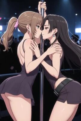 2girls aerith_gainsborough ai ai_art ai_generated anime_style ass ass_focus ass_visible_under_skirt background_characters black_dress black_hair black_hotpants black_topwear brown_hair dancing dress earrings female_focus final_fantasy final_fantasy_vii final_fantasy_vii_remake focus_on_ass green_eyes grok grok_imagine hotpants long_hair pink_ribbon pole pole_dancer pole_dancing ponytail quinzo11 red_eyes ribbon ribbon_in_hair self_upload shorter_than_10_seconds smile smiling sound square_enix tagme tifa_lockhart topwear video